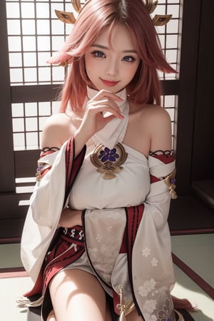 A professional photograph of gorgeous a girl in japanese castle making eye contact with the viewer in a knee up view, beautiful symmetrical face, cute natural makeup, sweet smile, upscale environment, ultra realistic, concept art, elegant, highly detailed, intricate, sharp focus, depth of field, f/1. 8, 85mm, (centered image composition), (professionally), ((bright soft diffused light)), ,yaemikodef