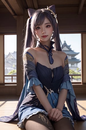 A professional photograph of gorgeous a girl in japanese castle making eye contact with the viewer in a knee up view, beautiful symmetrical face, cute natural makeup, sweet smile, purple hair color, upscale environment, ultra realistic, concept art, elegant, highly detailed, cinematic camera,  cinematic light, intricate, sharp focus, depth of field, f/1. 8, 85mm, (centered image composition), (professionally color graded), ((bright soft diffused light))