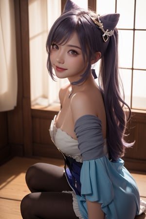 A professional photograph of gorgeous a girl in japanese castle making eye contact with the viewer in a knee up view, beautiful symmetrical face, cute natural makeup, sweet smile, purple hair color, upscale environment, ultra realistic, concept art, elegant, highly detailed, cinematic camera,  cinematic light, intricate, sharp focus, depth of field, f/1. 8, 85mm, (centered image composition), (professionally color graded), ((bright soft diffused light))