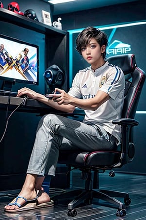 a beautiful Indonesian woman with neat short hair wearing a white Real Madrid football shirt, black torn trousers, only wearing sandals, no socks, sitting in a gaming chair while holding the cellphone facing forward. there is a computer playing the Mobile Legends game on the table beside him. YouTube indoor background. there are neon lights that form the words "RENA". Real realistic images. HD.