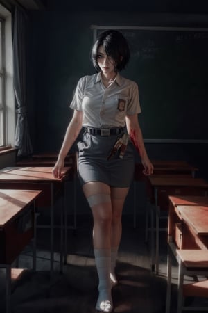 A cinematic horror scene, professional photography beautiful girl perfect full body , black hair, sm4c3w3k, wearing short sleeve shirt and pencil skirt, white fabric, grey fabric, short hair with asymmetric bangs, belt, pocket, ((thigh-high white socks)), knife with blood on right hand ,highly detailed, bokeh, 8k, highly detailed,1girl, intricate shadow, volumetric lighting, classroom, ,photorealistic