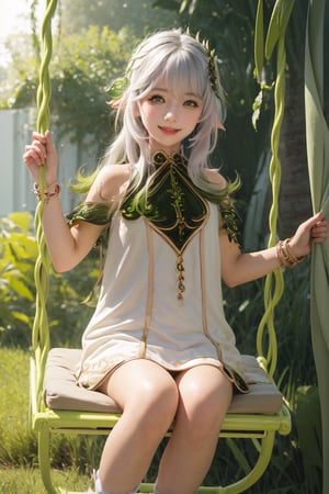 A professional photograph of gorgeous a girl, 10 yo,  play on the swing  in japanese jungle, light glow butterfly, making eye contact with the viewer in a knee up view, beautiful symmetrical face, cute natural makeup, sweet smile, wink eye, upscale environment, ultra realistic, concept art, elegant, highly detailed, cinematic camera,  cinematic light, intricate, sharp focus, depth of field, f/1. 8, 85mm, (centered image composition), (professionally color graded), ((bright soft diffused light)),