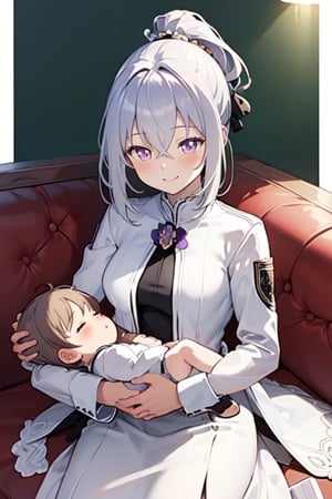 HD, 4K, 2D, highres, (small_breasts:1.2), hair, short_hair, eyes, 1girl, female, solo, perfect anatomy, BFMother, person holding baby, person and baby motherly, sofa, living, perfect_body, infant, (AddNet Weight 1:1.0) , happiness!, sleeping_baby,(pregnancy:0.2), hair_accessories, hair_ornament ,smile, blush, ponytail, kohass,azusadef