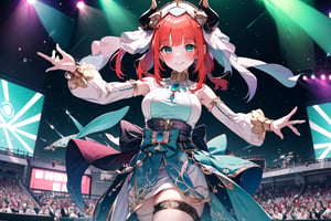 masterpiece,high_res,HD, best quality, looking_at_viewer, idol, cowboy_shot, blushing, hair_ornaments, singing, smile, happy, small concert, plants, stage, grabbing microfone,one_hand_raised,
NILOU_GENSHIN

LONG_HAIR, BANGS, RED_HAIR, HORNS, VEIL, JEWELRY, FAKE_HORNS, BREASTS, TWINTAILS, SMILE, BLUSH, PARTED_BANGS, BROOCH, AQUA_EYES, CIRCLET, HAREM_OUTFIT, BRACER, NECK_RING, MEDIUM_BREASTS, blue costume,LOW_TWINTAILS, ;),smile mouth,nilou_genshin