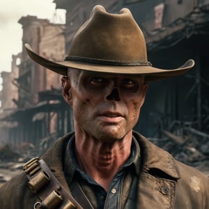 Close up of cooper the ghoul with no nose but otherwise looking like 50 year old Walton Goggins the actor but with smooth burned skin, standing in a post apocalyptic ruined city, wearing a dirty dark cream cowboy hat and long dark brown dirty trench coat with his gun in his hand. Photo-realistic. From Fallout TV series. Cinematic, Rich color, masterpiece, hyper realistic, ultra detailed, high quality, best quality, 4k, 8k, hi resolution,Cooper