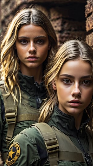 Two 13 year girls (One blond, one brunett) wearing black and gold combat vaultsuits hiding in ruins with guns.  One girl in front aiming a sniper rifle  one girl with brown hair behind her watching wearing sunglasess.  Vault suits are torn and partially open at the front revealing some breast. high quality, best quality, 4k, 8k, hi resolution, very young girl, young face, cute, beautiful, . photorealistic,cinematic, dark, moody light,Young girl,realistic,Young Girl,photorealistic