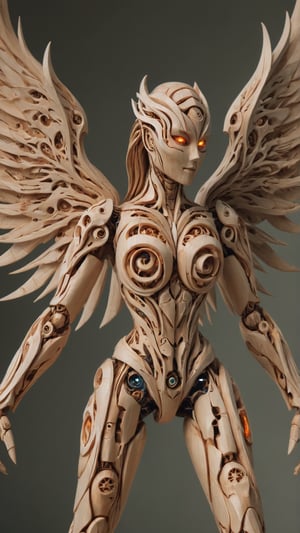 amazing wooden android female with smooth varnished surface, glowing eyes, robotic wings, looking at viewer, claws, battlefield, full body view (super resolution, hd, rich vibrant colors, masterpiece, best quality, dynamic composition, symbolic, dynamic pose, dynamic angle) woodfigurez, symmetry,mecha,woodfigurez