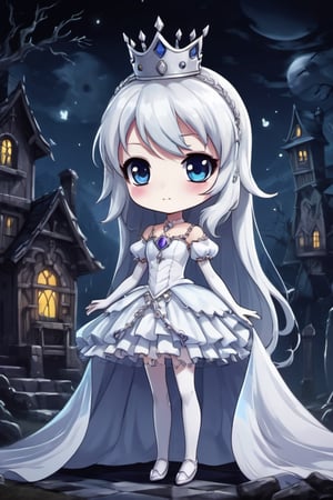 chibi booette, full body, haunted house, wearing tiny princess tiara