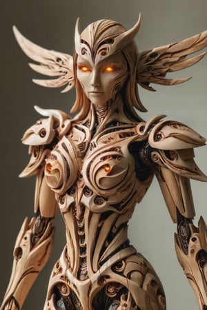 amazing wooden android female with smooth varnished surface, glowing eyes, robotic wings, looking at viewer, claws, battlefield, full body view (super resolution, hd, rich vibrant colors, masterpiece, best quality, dynamic composition, symbolic, dynamic pose, dynamic angle) woodfigurez, symmetry,mecha,woodfigurez