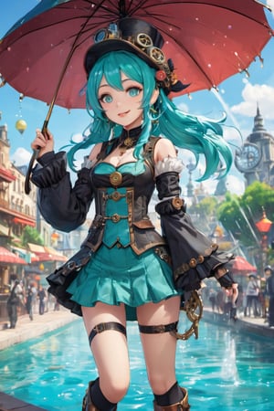 Anya, a bubbly Traveler from Fontaine:

    Prompt: A young girl with flowing turquoise hair and sparkling aqua eyes, clad in a playful steampunk-inspired outfit with cogwheel embellishments and shimmering fabrics. She skips through a vibrant Parisian-style fountain plaza, laughter echoing amidst the water droplets and colorful umbrellas. (Think steampunk meets playful Parisian fashion with a touch of Genshin Impact's anime style.)