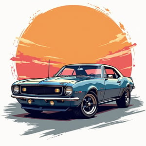 a 2d outlined with colored illustration of a T shirt design of Shirt with T shirt background, car, illustration on t shirt 