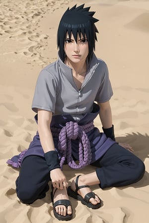 Sasuke Uchiha from naruto shippuden sitting in beach,4k,black hair,spiky hair,black eyes,gray shirt with short sleeves,black arm guard,light purple belt,purple skirt,pants,sandals