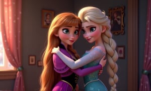 rapunzel with Elsa hugging in at house room,two friends,love,masterpiece,best quality,official art, extremely ,8k wallpaper,absurdres,8k resolution,exquisite facial features,prefect face,Cinematic Lighting,disney style