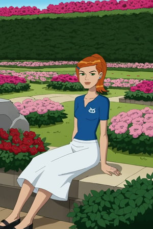 Gwen Tennyson Alien Force from ben 10 sitting in garden looking at flowers