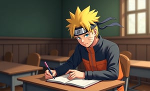 Naruto with goku sitting in school writting book, in class,masterpiece,best quality,official art, extremely ,8k wallpaper,absurdres,8k resolution,exquisite facial features,prefect face,Cinematic Lighting