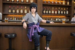 saskue sitting in bar, fine details, 8k,more detail XL,Sasuke Uchiha,black hair,spiky hair,black eyes,gray shirt with short sleeves,black arm guard,light purple belt,purple skirt,pants,sandals