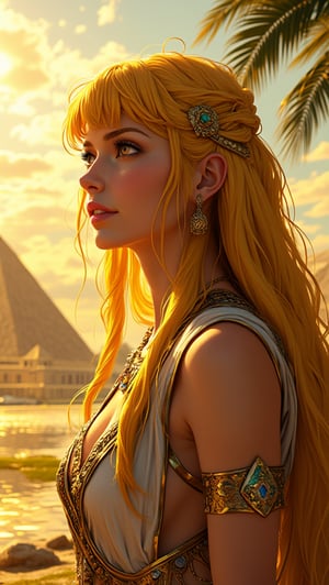 In a breathtakingly beautiful 8K CG illustration, a stunning woman with long, straight yellow hair and piercing yellow eyes emerges from the heart of ancient Russian's opulent grandeur. Amidst towering ziggurats bathed in cinematic golden light, she stands serene, her fair skin glowing softly. Her delicate features are framed by bangs, with a gentle blush on her cheeks and luscious locks cascading down her back. A passion-filled smile illuminates her attractive appearance as she gazes out at the Euphrates River's shimmering reflection of the sky. Palm trees sway in the warm breeze, their fronds rustling softly. Her sumptuous attire sparkles with intricate patterns and dazzling jewels, drawing attention to her exquisite symmetry and delicate features. Her posture exudes quiet confidence, symbolizing Egypt's enduring beauty and splendor,masterpiece,best quality,official art, extremely detailed CG unity 8k wallpaper,absurdres,8k resolution,exquisite facial features,prefect face,Cinematic Lighting