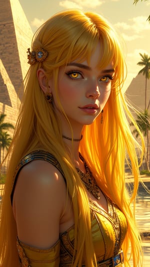 In a breathtakingly beautiful 8K CG illustration, a stunning woman with long, straight yellow hair and piercing yellow eyes emerges from the heart of ancient Russian's opulent grandeur. Amidst towering ziggurats bathed in cinematic golden light, she stands serene, her fair skin glowing softly. Her delicate features are framed by bangs, with a gentle blush on her cheeks and luscious locks cascading down her back. A passion-filled smile illuminates her attractive appearance as she gazes out at the Euphrates River's shimmering reflection of the sky. Palm trees sway in the warm breeze, their fronds rustling softly. Her sumptuous attire sparkles with intricate patterns and dazzling jewels, drawing attention to her exquisite symmetry and delicate features. Her posture exudes quiet confidence, symbolizing Egypt's enduring beauty and splendor,masterpiece,best quality,official art, extremely detailed CG unity 8k wallpaper,absurdres,8k resolution,exquisite facial features,prefect face,Cinematic Lighting