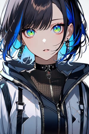 1girl, solo, looking at viewer, short hair, bangs, blue eyes, black hair, gloves, jewelry, green eyes, blue hair, jacket, upper body, multicolored hair, earrings, parted lips, choker, black gloves, collar, glowing, black choker, portrait, zipper, multicolored eyes,NJI BEAUTY,Eyes,Beautiful eyes