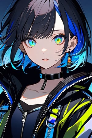 1girl, solo, looking at viewer, short hair, bangs, blue eyes, black hair, gloves, jewelry, green eyes, blue hair, jacket, upper body, multicolored hair, earrings, parted lips, choker, black gloves, collar, glowing, black choker, portrait, zipper, multicolored eyes,NJI BEAUTY,Eyes,Beautiful eyes