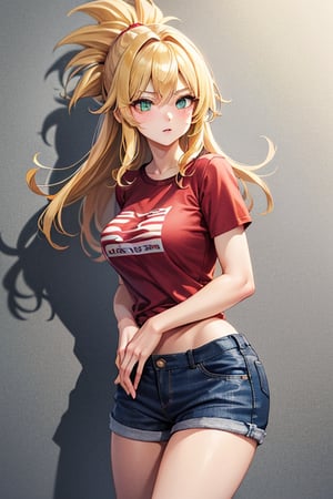 An animated cartoon image of a blonde haired girl with green eyes. She is wearing a maroon t-shirt with a white logo on the front. Her shorts are striped with blue and gray stripes. Her shoes are blue and white. Her arms are crossed over her chest. Her hair is a light brown color. Her eyes are a bright green. The background is a bright white. Super Saiyan Goku gender swipe 