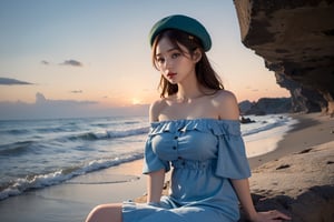 super fine illustration,masterpiece, best quality,{beautiful detailed eyes},1girl,finely detail,Depth of field, 4k wallpaper,bluesky,cumulus,wind,insanely detailed frills,extremely detailed lace,BLUE SKY,Slightly open mouth,brown wavy hair,ombre lips,(((big Breasts))),sit,cumulonimbus capillatus,slender waist,((( random color  shirt dress,off-shoulder))),wearing a Beret,(sit  pose),( resort,beach,night),orange sky, Depth of field, ,angle ,contour deepening,cinematic angle ,{{{Classic decorative border}}},md,Style,Sexy Pose,Woman,Girl,diving_the_water_background,ff14bg,Makeup,beautiful,detailed eyes,Styles Pose,1 girl,FFIXBG,pastelbg