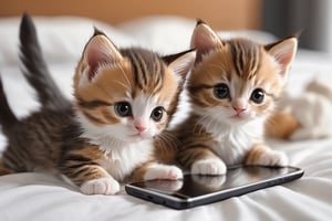 Photos of cute and cute kittens playing with smartphones on the bed and going to work, realistic characters, events, and detailed crowd scenes, Nikon D850, lifelike renderings, captured moments. Sharp focus, --ar 3:4 --stylize 750 --v 6.0 --style raw