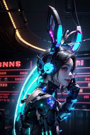 masterpiece, (photorealistic:1.4), best quality, beautiful neon lighting, 1girl, black hair, cheongsam, black leotard,  bare shoulders, cyberpunk,  science fiction, ,cyborg, casino background,  RAW photo,neon background,Breasts ,furure_urban, bunny girl, she has Rabbit ears, smile, (oil shiny skin:1), (huge_boobs:1.2), willowy, chiseled, (hunky:1), body turn 46 degree, (perfect anatomy, prefecthand, dress, long fingers, 4 fingers, 1 thumb), dynamic sexy pose, (artistic pose of a woman),photo r3al,neon style,simple background,NIJI STYLE,DonMChr0m4t3rr4XL ,DonMF41ryW1ng5XL,Strong Backlit Particles,More Detail,science fiction,  pretty face