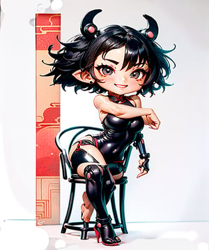 (((chibi style))), ((（（(she sits anywhere with ease)））)) ,masterpiece, (((best quality))), ((((1 girls)))), (((the girl has shorns and black short hair ))), (smile), cyberpunk style, enchanting gaze, beatiful legs, whole_body,mecha, cheongsam, black leotard, bare shoulders, cyberpunk, science fiction, cyborg, (oil shiny skin:1), (huge_boobs:1.1), chiseled, (hunky:1), (perfect anatomy, prefecthand, dress, long fingers, 4 fingers, 1 thumb), More Detail, (((Asian beauty face))), Fashion cheongsam,(ChibiChampions:1),Lucia_GTA6_lora_by_niolas, (chibi:1),sitting,squating,looking down,,Frogtie pose