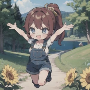 (woman bleu eyes), messy ponytail auburn hair, sassy, shameless, medium breasts,chibi, yellow boot ,highly detailed, high resolution, extreme detail,skirt, hdr, overalls,chicken, farm girl,countryside,smile,white t-shirt,genshin chibi emote,large breasts,high lights,run, arms in the air, jump for joy, happy, happiness