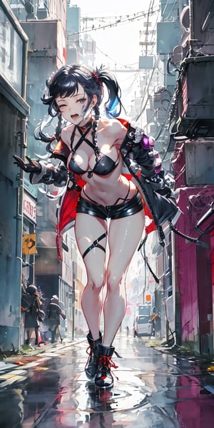 nier anime style illustration, best quality, masterpiece High resolution, good detail, bright colors, HDR, 4k Girl with long straight black hair, twin pigtails, blue eyes, one eye closed. Cyberpunk black trench coat, cyberpunk short black top under the trench coat, showing the navel, cyberpunk black shorts, black platform boots. Japanese cyberpunk city, at night, puddles on the street, light reflections and shadows. Hands on hips. black face mask. She is leaning forward. Firm medium breasts exposed. selfie, view from low. black gloves
