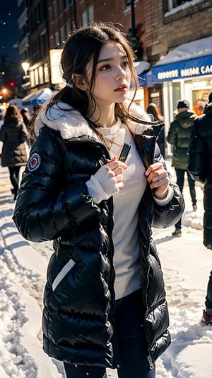 Snowy Night Chic: A stunning portrait of a cute girl with long hair, wearing a big, fashionable winter coat over a hoodie. She stands confidently, looking up at the falling snow, her beautiful white skin glistening under the festive lights of the city's Christmas celebration. Shot in 4K ultra HD RAW, this masterpiece captures the dynamic light play between warm streetlights and the soft glow of snowflakes. Framed in medium shot (50mm), the camera captures half of her body against the urban winter wonderland, showcasing her stylish coat and effortless pose amidst the snowy backdrop.