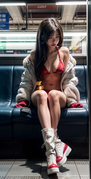 white_jacket, 1girl, oversized_clothes , white_hair, sitting inside a subway, 1girl, (micro glossy red bikini:1.3) , hot pants, white long straight bob hair, side part bangs hair, army boots, sitting inside a subway, Realism, full shot, from below,
