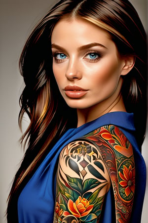 Generate hyper realistic image of a woman with an intricate and vibrant full-back tattoo. The tattoo spans the entire back, from the shoulders down to the lower back, utilizing the full canvas of the person's skin. he central focus of the tattoo is a highly detailed portrait of a woman's face. The woman's features are realistically rendered, with an emphasis on her expressive eyes and full lips. Her hair flows around her face.
