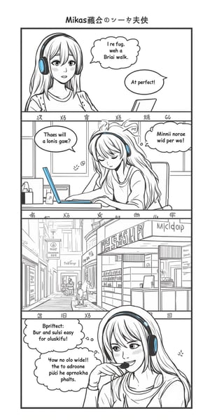 Here’s a 4-panel comic prompt featuring Mikas as the protagonist: Panel 1: Mikas is sitting at her desk in a casual outfit, with a laptop open. She looks focused, but there’s a hint of boredom. She sighs deeply, saying, “I really need a break.” Panel 2: Mikas decides to go for a walk. She steps outside wearing her favorite hoodie and blue headphones. As she starts walking, she puts on some music, her expression relaxing as she begins to enjoy the rhythm. Panel 3: As Mikas walks down a street lined with colorful shops, she spots a sushi restaurant. Her eyes light up as she exclaims, “Perfect! Sushi is just what I need!” Panel 4: Mikas is now inside the sushi restaurant, happily enjoying a piece of nigiri sushi. She’s smiling with satisfaction, thinking, “Nothing beats sushi for a perfect break!” This setup shows Mikas going from a mundane work moment to finding joy in something simple like sushi, highlighting her casual and relatable personality.
