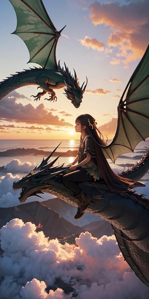 

1 DRAGONGIRL,Dragon Wings, long hair, brown hair, a flying dragon, sunset, FANTASY ,cloudscape,nodf_lora,Astraa_BV

