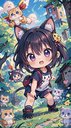 ((anime chibi style)), cute looking kitten with adorable eyes in the park, dynamic angle, depth of field,1girl