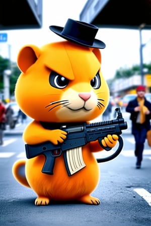 The hamster made of orange body parts has a sinister face, wears a hat, and holds a machine gun, aiming at the fleeing passers-by. The background is a bustling modern street