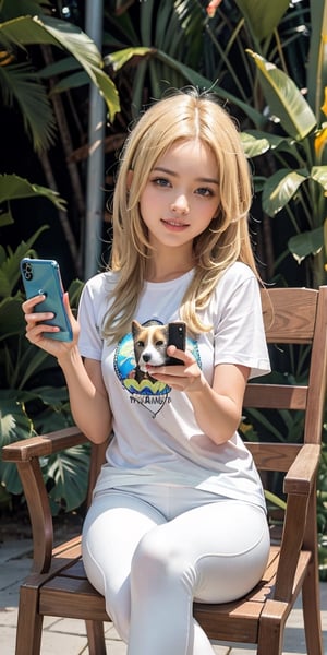 Generate hyper realistic image of woman with long, blonde hair seated comfortably in a chair, wearing a casual shirt and tight yoga pants adorned with symbolic prints. She sports a bright smile as she holds a phone, snapping a cheerful selfie with her adorable dog by her side. Her summer vibe radiates through the image, while her happy demeanor and relaxed pose
