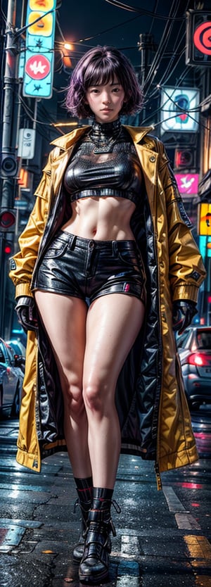 MECHA, Highly Detailed, High Quality, Masterpiece, Beatiful, (medium long shot), 1girl, solo, Rebeca from Cyberpunk, waving with one hand in the air, (eyes open, dark purple hair, short hair, robotic hands, black tight blouse, Yellow jacket from cyberpunk, black tight shorts, yellow eyes, in the street, detailed background, futuristic cars
