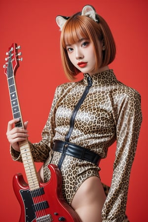 
1Josie, solo, short red hair, bangs, simple background, long sleeves, holding, animal (leopard print)cat ears, standing, cowboy shot, blunt bangs, orange hair, makeup, bob cut, lipstick, animal print leotard, instrument, red background, red electronic guitar, red lips, holding instrument, flat color, leopard print leotard, ,photorealistic,3DMM, leopard tail
