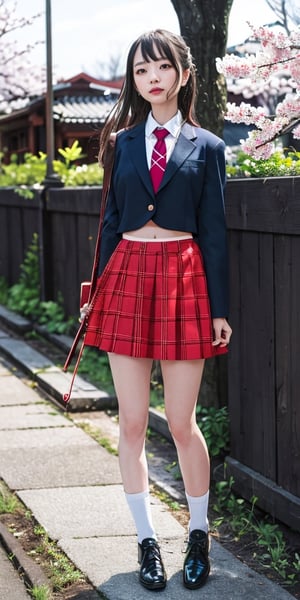 (masterpiece, best quality), 1girl, shiny skin, lustrous skin, narrow waist, wide hips, low_cut_school_uniform, plaid skirt, necktie, navel, outdoors, standing, sakura trees, flower petals, Criin Style, low_cut_school_uniform,slingshot,長腿,超寫實,底下往上看,露出更多腿,white skirt,雙腿打開,掀開裙子
