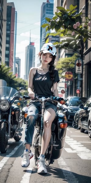 ８K,realistic photo、realistic skin texture、A beautiful Japanese woman living in America rides a Honda motorcycle、Shotgun sling on shoulder、baseball cap、high cut sneakers、Debris-strewn downtown、sunny、cool composition、
