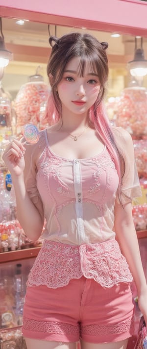 
A young woman with playful pink and blue hair styled in twin buns stands in a vibrant, candy-themed market, illustrated in a realistic anime style. She wears a sheer, ruffled top and a matching pink skirt, holding a colorful lollipop. The background is filled with highly detailed candy displays and ornamental decorations, bathed in warm, soft light. The realistic anime style emphasizes more natural proportions and lifelike textures, with a focus on intricate details in her clothing, hair, and the market setting, while maintaining an expressive, emotional tone.
