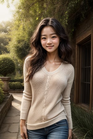 A serene scene unfolds: a 18-year-old supermodel with luscious, long black hair that waves gently in the breeze. She poses effortlessly amidst lush greenery in a picturesque garden setting, her houglass physique accentuated by a fitted sweater. Soft natural light dances across her features, illuminating her radiant complexion and brightening her sparkling eyes. The composition is inviting, drawing the viewer's gaze to the model's stunning visage and captivating smile.
