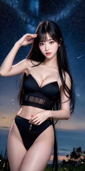 Masterpiece, highest quality, 1 girl, solo, 20 years old, beautiful korean girl, {beautiful and delicate eyes}, long hair, black hair, bangs, big breasts, calm expression, natural soft light, delicate facial features, seductive human face, smiling eyes, open lips, looking at the viewer, normal body structure, correct proportions, perfect hands, hair_past_waist, sexy model pose, seductive body shape, sweaty skin, film grain, cleavage exposed, real, crucifix, nurse, bare shoulders, black panties, night, meadow, sky, moon, star, (starry background:1.3)
