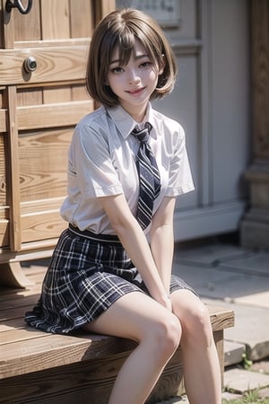 mikas 1girl, solo, short hair, skirt, brown hair, shirt, sitting, school uniform, short sleeves, plaid, plaid skirt, between legs, hand between legs, realistic, head out of frame,smile
