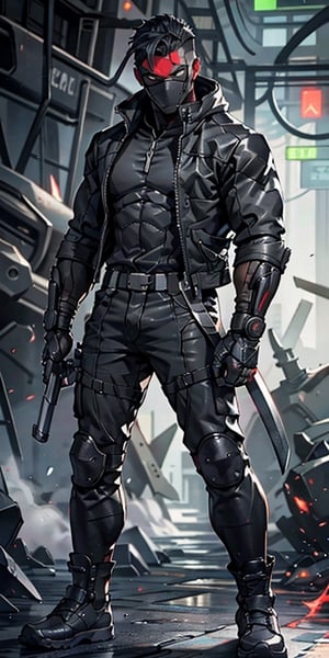 
an accurate and detailed full-body shot of a male superhero character named Wraith, tall and lean bulid, (Crimson half-mask:1.3), exposed cybernetic red eye, grafted cybernetic jawline, (Spiky white fringe hair:1.2), (choppy black undercut hairstyle:1.2), (Skintight black ninja-tech suit with crimson energized circuitry:1.2), (electric blue biker jacket:1.2), asymmetric collar, rolled sleeves, Gunmetal armor plates on shoulders, chest emblem, (Fitted burgundy leather moto-pants), (blue-gray armorized cargo panels), Knee guards, armored greaves, black combat boots, cyberized gunmetal strike gauntlet, Holsters, sheaths, tech-utility pouches, (holding an obsidian high-frequency katana), masterpiece, high quality, 4K, raidenmgr, nero, rhdc, a man, red helment, brown leather jacket, gray skintight suit, gloves, belt, boots,