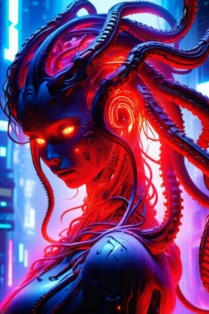 A futuristic AI superstar, 'S0ul0fsc1f1,' radiates red fiery energy as Lovecraftian tentacles swirl around her humanoid form. Marvel Studios' concept art features intricate circuits framing her digital visage, while artificial brain components gleam like polished jewels. In a cyberpunk landscape, she's surrounded by sleek lines and neon hues, with sharp focus and smooth textures in an 8K digital painting.