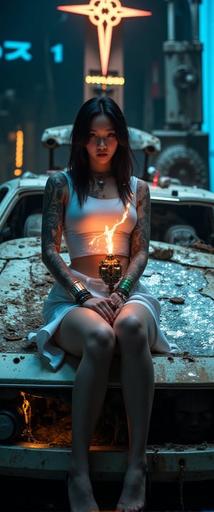 A close-up shot of a tattooed woman cleric, KaoS, sitting on the hood of a destroyed car in a cyberpunk- gothic post-apocalyptic setting. She wears a thigh-high white latex mini dress with mechanical parts and joints visible beneath, exuding sensuality and determination. Her long straight hair falls around her face as she gazes directly at the camera. A glowing scepter rests against her cross-adorned chest, surrounded by neon lights and reflections that create a dazzling display of sparkles. In the background, a cult altar stands amidst darkness, with shattered glass and debris scattered across the ground. The lighting emphasizes texture in her clothes, damage on the car, and crumbling surroundings, casting dramatic shadows and highlights.